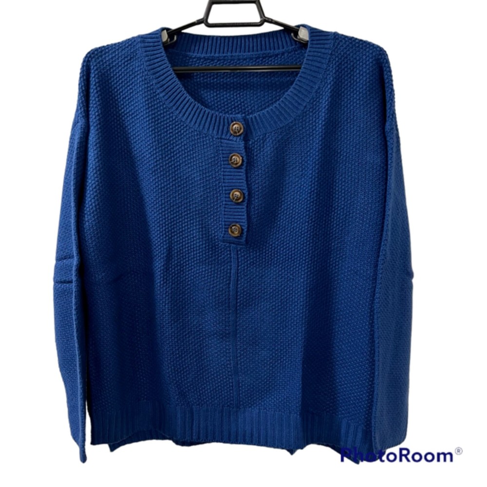 SHEIN Blue Round Neck Half Button Henley Knit Acrylic LS Sweater Pullover Sz M
